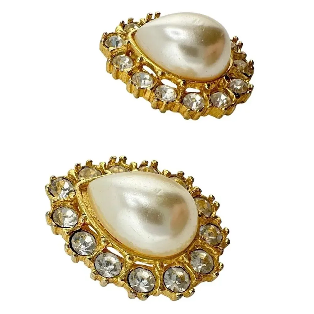 Vintage Style Rhinestone Halo Faux Pearl Teardrop Gold Tone 1.25